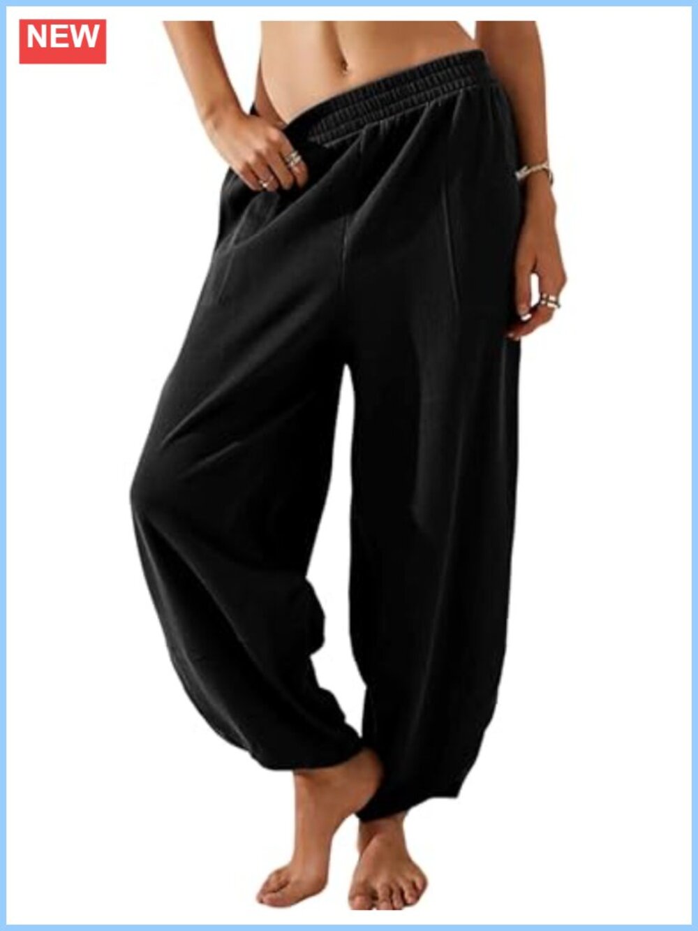 Women's Cotton Wide Leg Casual Pants Elastic Waist Palazzo Pockets